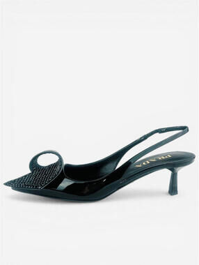 Prada Black Patent Leather Logo Bow Kitten Heel Slingback EU 36.5 | NIB
